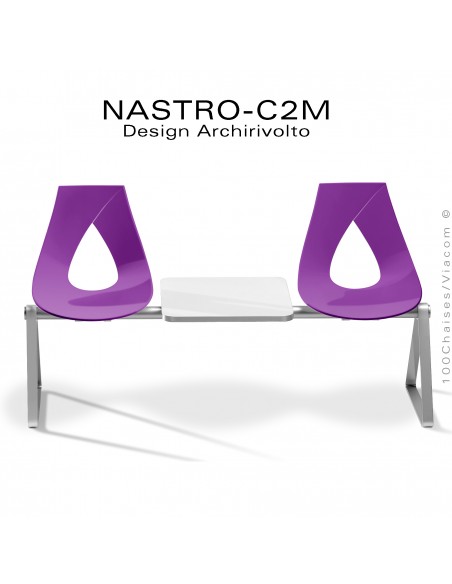 Banc ou siège sur poutre design NASTRO, piétement acier peint, assise coque plastique couleur avec tablette porte revue.