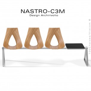 Banc design ou siège sur poutre NASTRO, assise 3 places placage bois Zébrano, piétement peint argent, avec tablette.