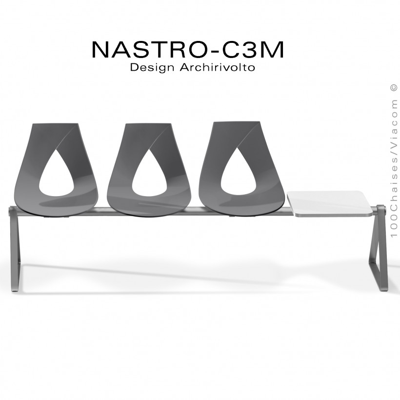 Banc ou siège sur poutre design NASTRO, assise blanche, piétement gris foncé avec tablette porte revue.
