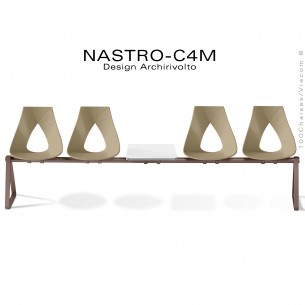 Banc design ou siège sur poutre NASTRO, piétement peint marron, assise coque couleur taupe avec tablette porte revue.