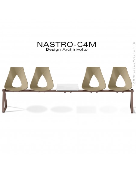 Banc design ou siège sur poutre NASTRO, piétement peint marron, assise coque couleur taupe avec tablette porte revue.