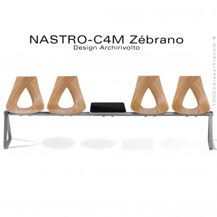 Banc design ou siège sur poutre NASTRO, piétement peint gris foncé, assise placage Zébrano avec tablette porte revue.