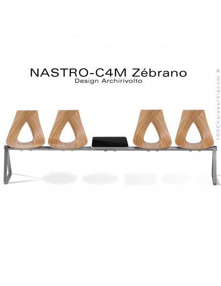 Banc design ou siège sur poutre NASTRO, piétement peint gris foncé, assise placage Zébrano avec tablette porte revue.