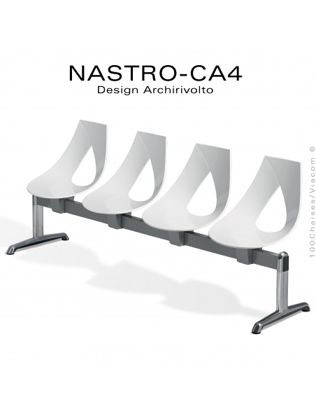 Banc design ou siège sur poutre NASTRO, piétement aluminium brillant, assise coque plastique couleur.