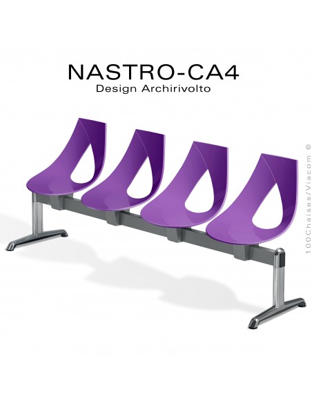 Banc design ou siège sur poutre NASTRO, piétement aluminium brillant, assise coque plastique couleur.