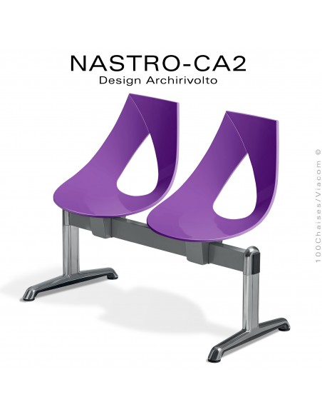 Banc design ou siège sur poutre NASTRO, piétement aluminium poli brillant, assise coque plastique couleur.