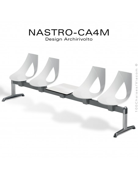 Banc design ou siège sur poutre NASTRO, piétement aluminum poli brillant, assise plastique couleur avec tablette porte revue.