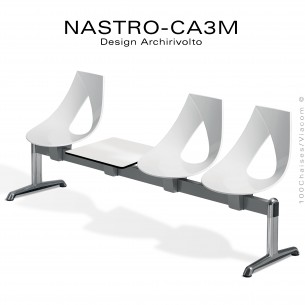 Banc design ou siège sur poutre NASTRO, piétement aluminum poli, assise coque plastique couleur avec tablette porte revue.