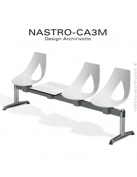 Banc design ou siège sur poutre NASTRO, piétement aluminum poli, assise coque plastique couleur avec tablette porte revue.