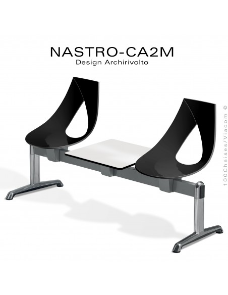 Banc design ou siège sur poutre NASTRO, piétement aluminium poli brillant, assise coque plastique couleur avec tablette.