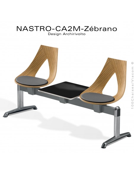 Banc design ou siège sur poutre NASTRO, piétement aluminum poli brillant, assise bois Zébrano avec coussin et tablette.