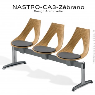 Banc design ou siège sur poutre NASTRO, piétement aluminium poli brillant, assise bois placage Zébrano avec coussin d'assise.
