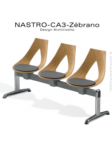 Banc design ou siège sur poutre NASTRO, piétement aluminium poli brillant, assise bois placage Zébrano avec coussin d'assise.