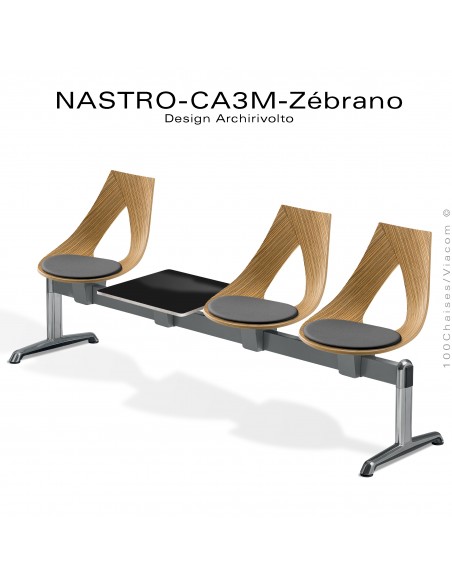 Banc design ou siège sur poutre NASTRO, piétement aluminum poli, assise bois Zébarno avec coussin et tablette porte revue.
