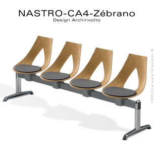 Banc design ou siège sur poutre NASTRO, piétement aluminium poli brillant, assise bois placage deux faces Zébrano avec coussins.