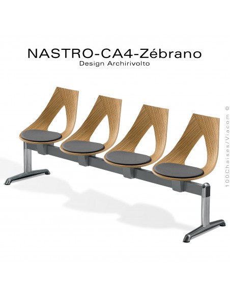 Banc design ou siège sur poutre NASTRO, piétement aluminium poli brillant, assise bois placage deux faces Zébrano avec coussins.