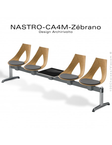Banc design ou siège sur poutre NASTRO, piétement aluminium poli brillant, assise bois placage Zébrano avec coussin et tablette.