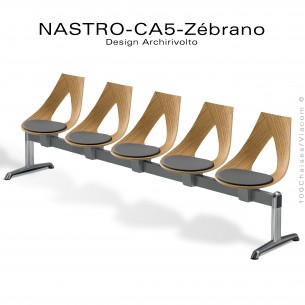 Banc design NASTRO-CA5 ou siège sur poutre, assise bois placage Zébrano avec coussin, piétement aluminium.