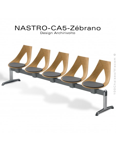 Banc design NASTRO-CA5 ou siège sur poutre, assise bois placage Zébrano avec coussin, piétement aluminium.