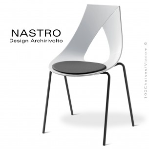 Chaise design NASTRO, piétement 4 pieds acier chromé brillant, assise coque plastique blanche avec coussin cuir anthracite.