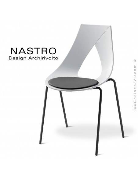 Chaise design NASTRO, piétement 4 pieds acier chromé brillant, assise coque plastique blanche avec coussin cuir anthracite.