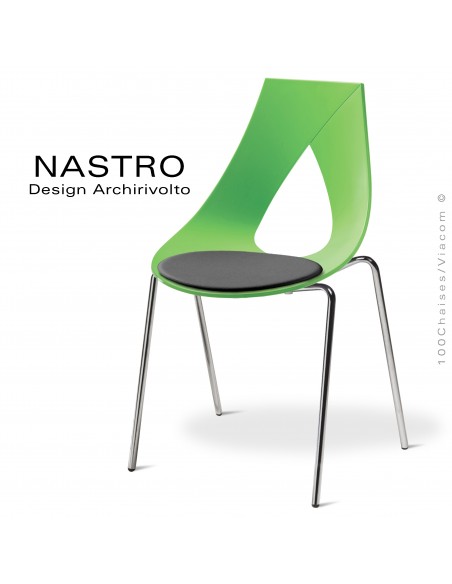 chaise design NASTRO, piétement acier chromé brillant, assise coque plastique couleur verte avec cousin cuir anthracite.