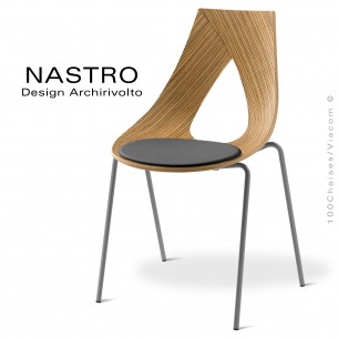 Chaise design NASTRO, piétement 4 pieds en tube d'acier, peint gris foncé, assise coque bois, placage Zébrano deux faces.