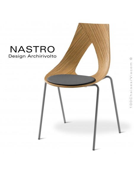 Chaise design NASTRO, piétement 4 pieds en tube d'acier, peint gris foncé, assise coque bois, placage Zébrano deux faces.