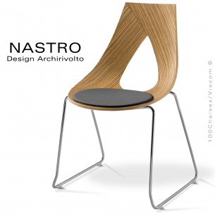 Chaise design NASTRO, piétement type luge acier chromé brillant, assise coque bois placage deux faces Zébrano avec coussin.