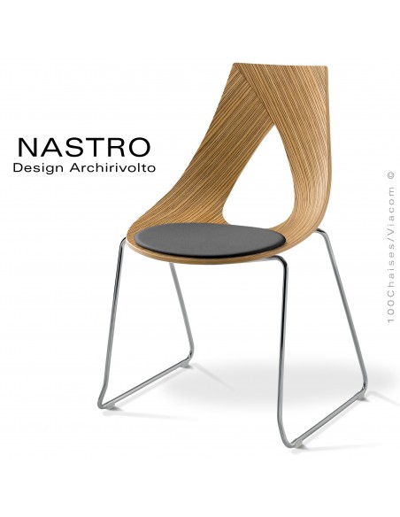 Chaise design NASTRO, piétement type luge acier chromé brillant, assise coque bois placage deux faces Zébrano avec coussin.