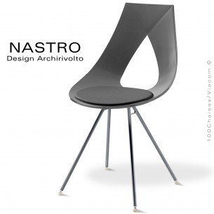 Chaise design NASTRO, piétement 4 branches acier peint gris foncé, assise coque plastique anthracite avec coussin cuir.