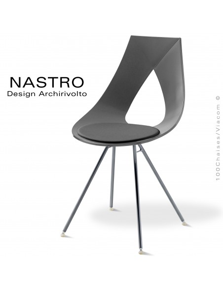 Chaise design NASTRO, piétement 4 branches acier peint gris foncé, assise coque plastique anthracite avec coussin cuir.