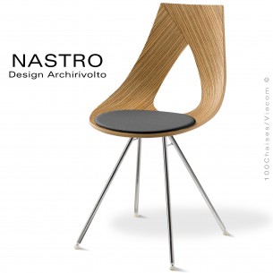 Chaise design NASTRO, piétement 4 branches acier chromé brillant, assise coque bois placage Zébrano avec coussin cuir.