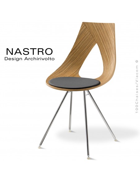 Chaise design NASTRO, piétement 4 branches acier chromé brillant, assise coque bois placage Zébrano avec coussin cuir.