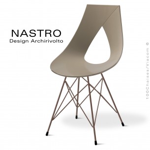 Chaise design NASTRO, piétement type Eiffel en fil d'acier peint ou chromé brillant, assise plastique couleur avec coussin cuir.