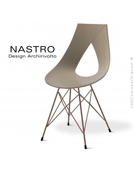 Chaise design NASTRO, piétement type Eiffel en fil d'acier peint ou chromé brillant, assise plastique couleur avec coussin cuir.