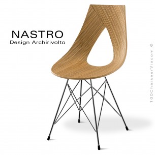 Chaise design NASTRO, piétement type Eiffel, finition chromé brillant. Assise bois placage deux faces Zébrano option coussin.