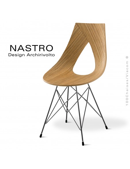 Chaise design NASTRO, piétement type Eiffel, finition chromé brillant. Assise bois placage deux faces Zébrano option coussin.