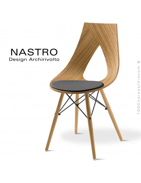 Chaise design NASTRO, piétement 4 pieds bois massif hêtre légèrement conique + vernis, assise placage Zébrano et coussin.