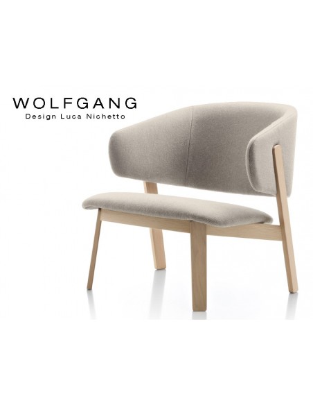 WOLFGANG lounge, fauteuil design bois chêne, capitonné crème.
