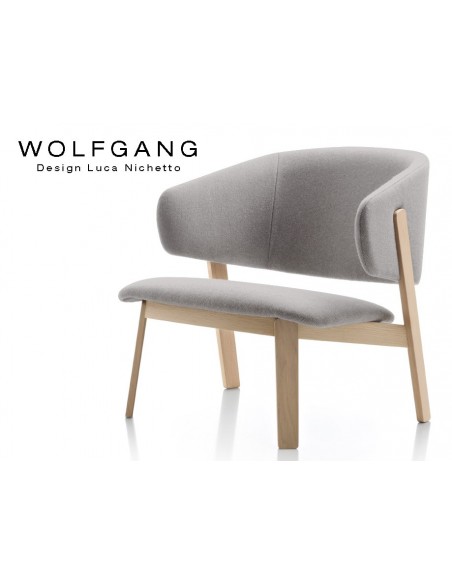 WOLFGANG lounge, fauteuil design bois chêne, capitonné gris clair.