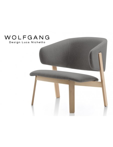 WOLFGANG lounge, fauteuil design bois chêne, capitonné gris foncé.