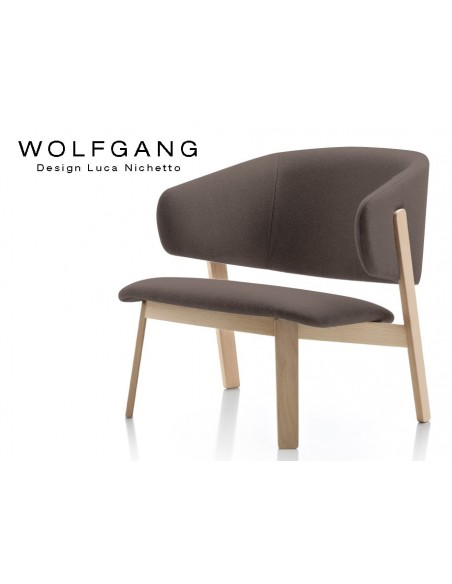 WOLFGANG lounge, fauteuil design bois chêne, capitonné marron.