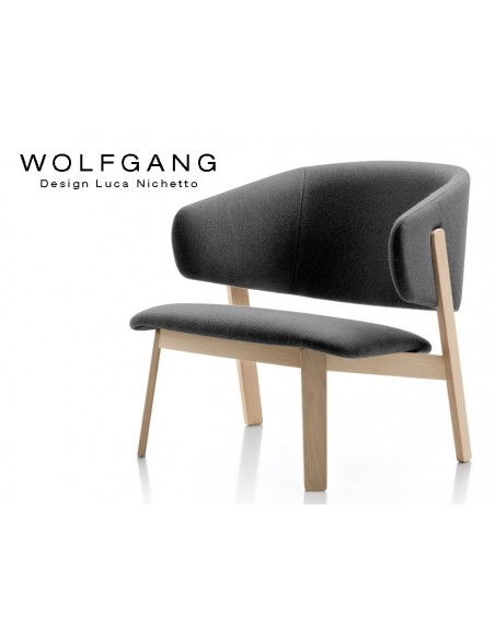 WOLFGANG lounge, fauteuil design bois chêne, capitonné noir.