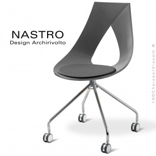 Chaise sur roulettes design NASTRO, piétement acier peint ou chromé brillant, assise coque plastique couleur avec coussin.