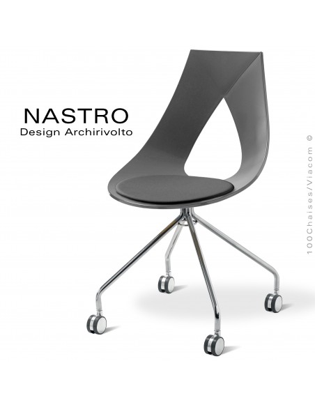 Chaise sur roulettes design NASTRO, piétement acier peint ou chromé brillant, assise coque plastique couleur avec coussin.