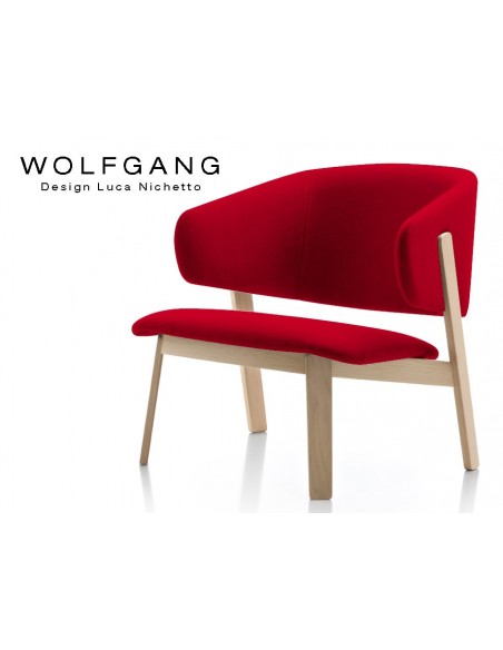 WOLFGANG lounge, fauteuil design bois chêne, capitonné rouge.