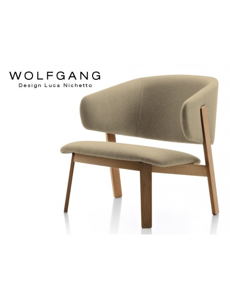 WOLFGANG lounge, fauteuil design bois, finition noix, assise capitonné chanvre.
