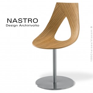Chaise pivotante 360° design NASTRO, assise coque bois finition placage Zébrano deux faces avec coussin d'assise cuir.