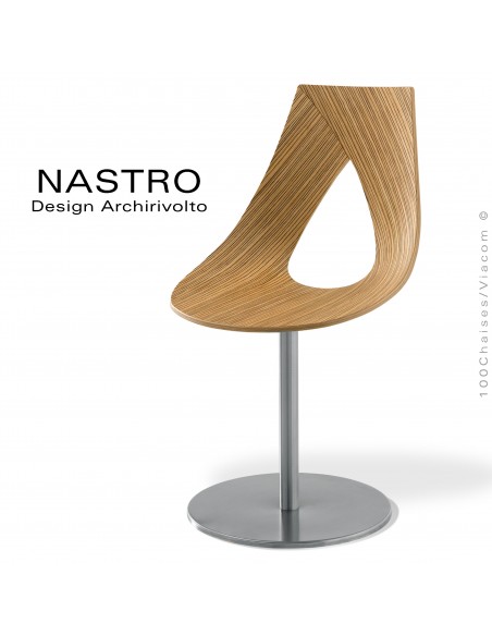 Chaise pivotante 360° design NASTRO, assise coque bois finition placage Zébrano deux faces avec coussin d'assise cuir.